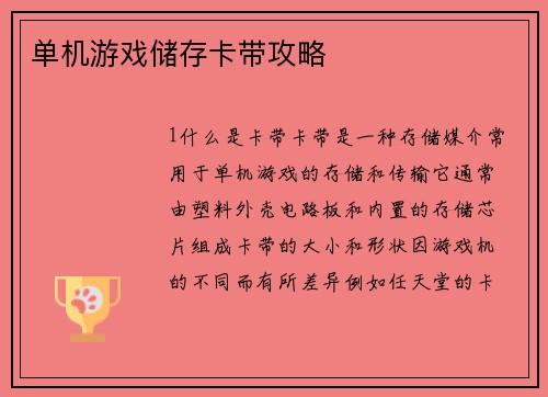 单机游戏储存卡带攻略